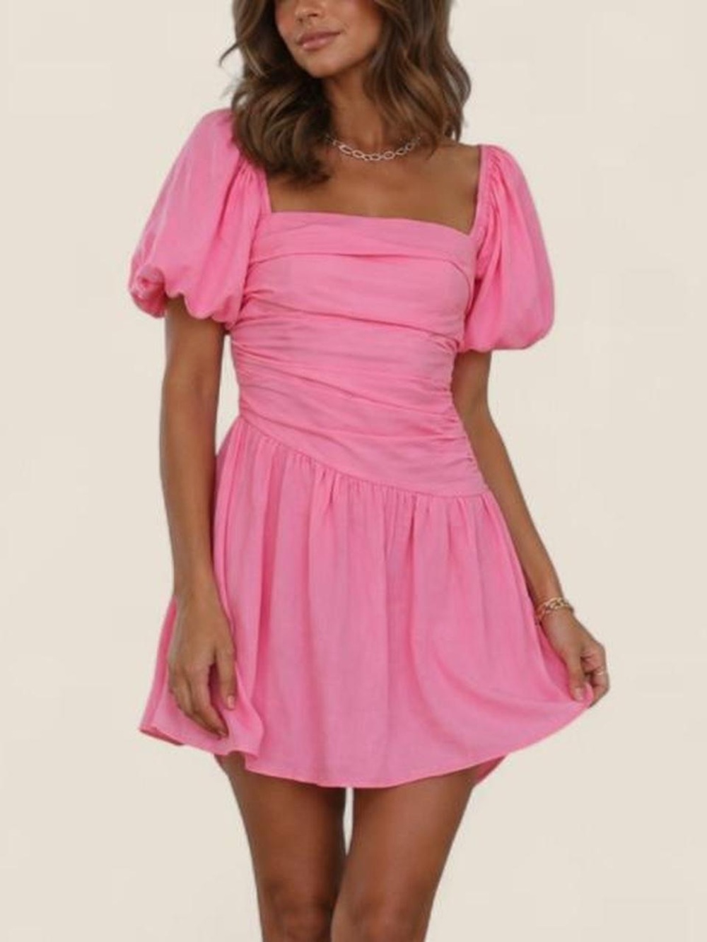 Hello Molly Pink Puff Sleeve Ruched Mini Dress Size US 6 AU 10